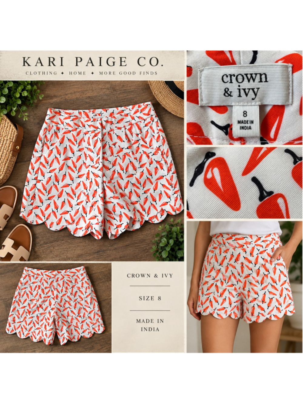 Women's Crown & Ivy Scalloped Chili Pepper Print Shorts Size 8 White Red F26